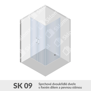 Sprchový kout SK 09 sprchové dvoukřídlé dveře s fixním dílem a pevnou stěnou