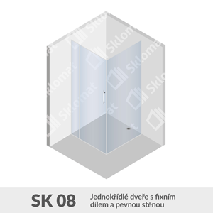 Sprchový kout SK 08 jednokřídlé dveře s fixním dílem a pevnou stěnou