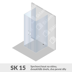 Sprchový kout SK 15 Sprchový kout na stěnu, dvoukřídlé dveře, dva pevné díly