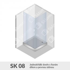 Sprchový kout SK 08 jednokřídlé dveře s fixním dílem a pevnou stěnou