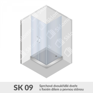 Sprchový kout SK 09 sprchové dvoukřídlé dveře s fixním dílem a pevnou stěnou
