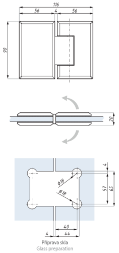 Závěs s aretací ± 90° (sklo - sklo 180°)