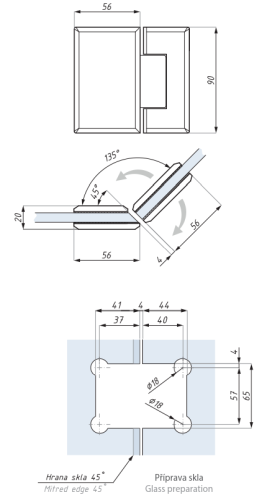 Závěs s aretací ± 90° (sklo - sklo 135°)