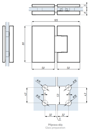 Regulovatelný závěs 180˚(sklo - sklo)