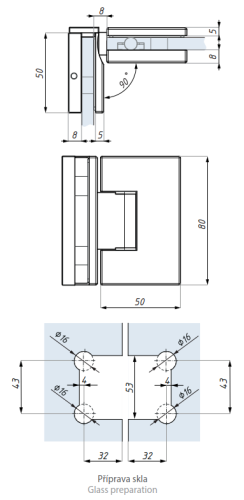 Regulovatelný závěs 90˚(sklo - sklo)