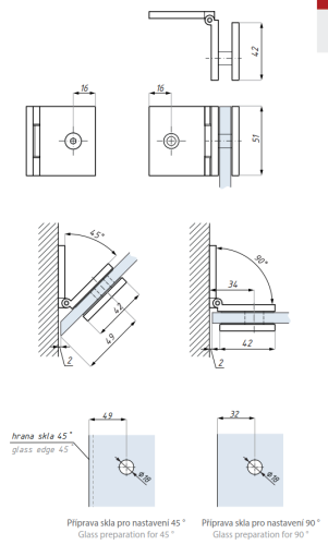 Regulovatelný bodový úchyt (sklo - zeď), H=51 mm