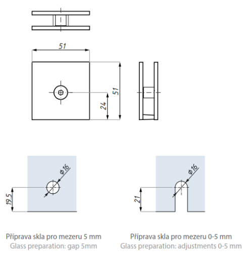 Standardní úchyt (sklo - zeď), H=51 mm