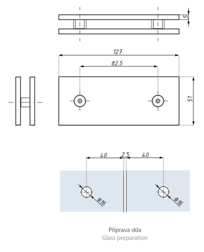 Standardní úchyt 180˚ (sklo - sklo), H=51 mm