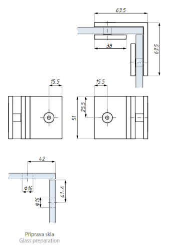 Standardní úchyt 90˚ (sklo - sklo), H=51 mm