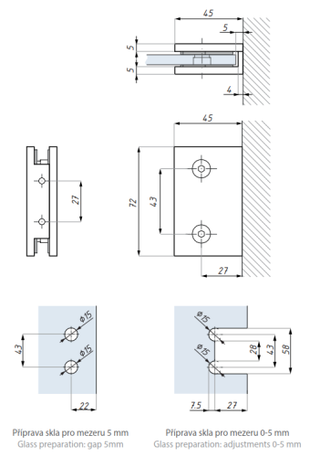 Standardní úchyt (sklo – zeď), H=72 mm