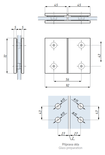 Standardní úchyt 180˚(sklo – sklo), H=72 mm