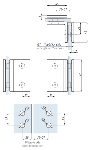 Standardní úchyt 90˚(sklo – sklo), H=72 mm