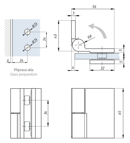 Standardní závěs pravý 90° (zeď - sklo), boční montáž