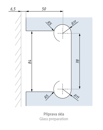 Samozavírací hydraulický závěs s aretací ± 90° s bočním kotvením (sklo - zeď)