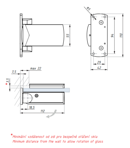 Samozavírací hydraulický závěs s aretací 90° (sklo - zeď)