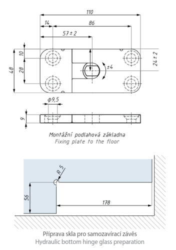 Samozavírací hydraulický dolní závěs, s aretací 90°