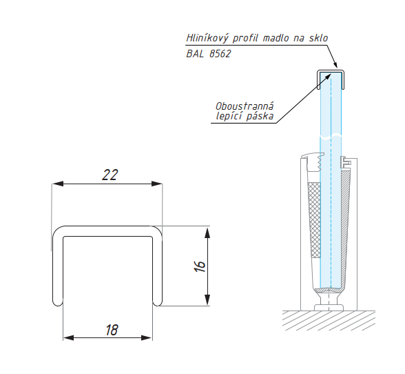 Zaoblený U-profil, ochrana hrany skla, 22x16/2