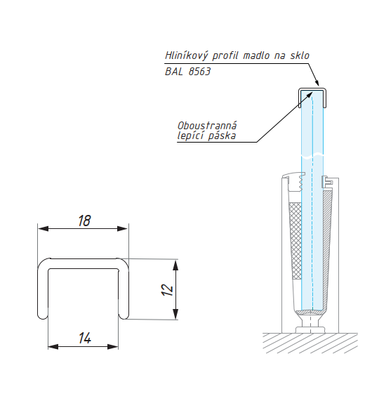 Zaoblený U-profil, ochrana hrany skla, 18x12/2